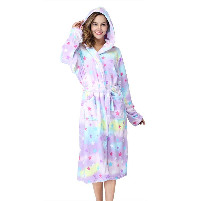 RONGTAI Womens Robes Plush Fleece Print Star Hooded Bathrobe Thick Nightgown with Pockets Fluffy Sleepwear XX-Large - Image 4